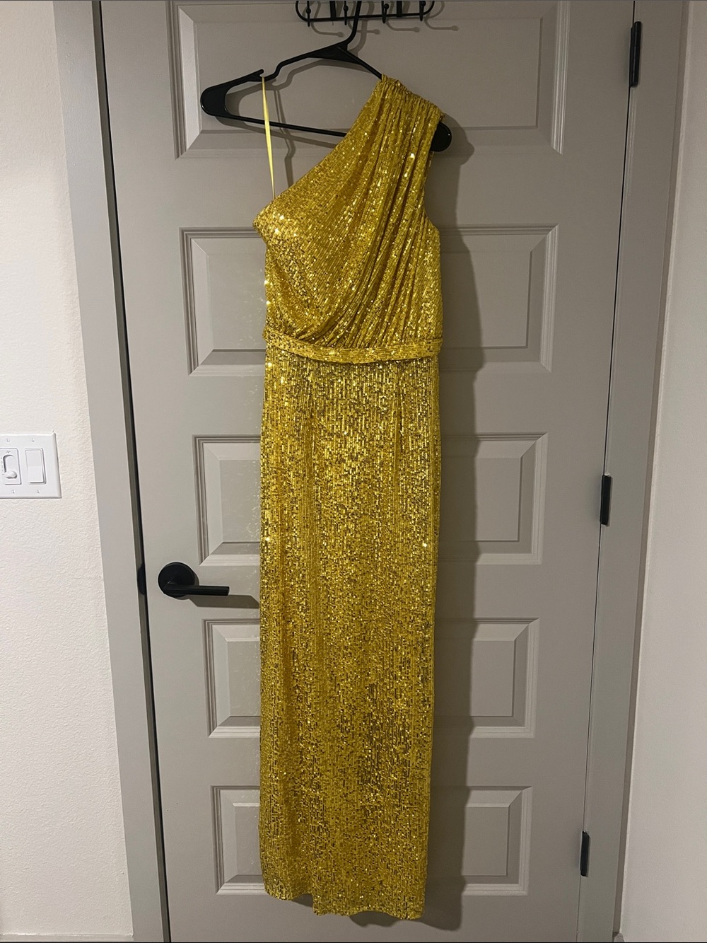 Mac Duggal sequined ruched one shoulder dress